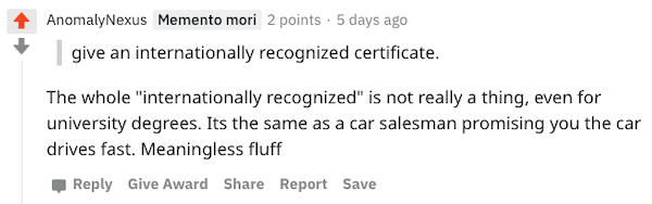 internationally recognized tefl certificate reddit comment