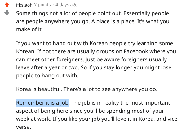 Reddit comment about teaching in Korea